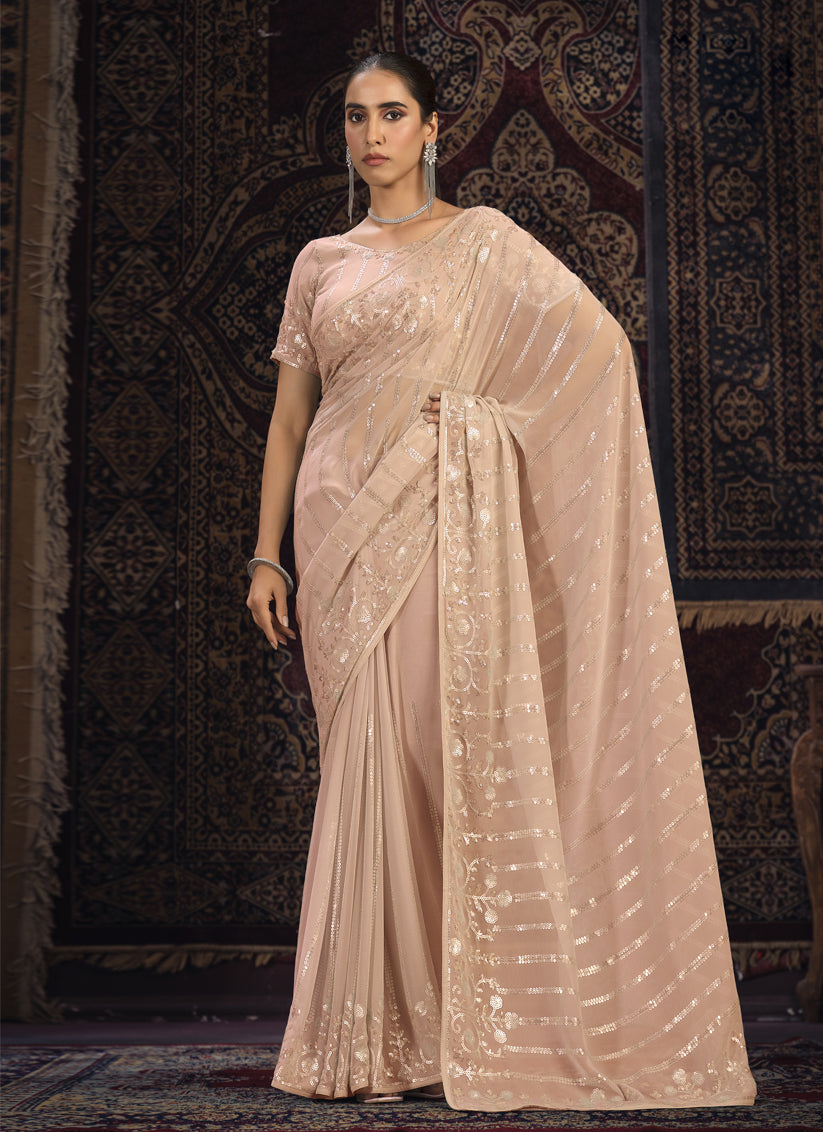 Peach Georgette Sequins Work Wedding Saree