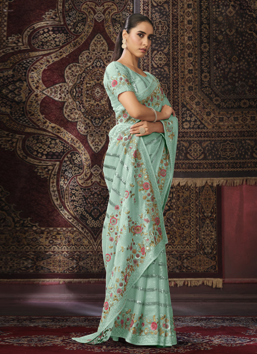 Sea Green Georgette Sequins Work Wedding Saree