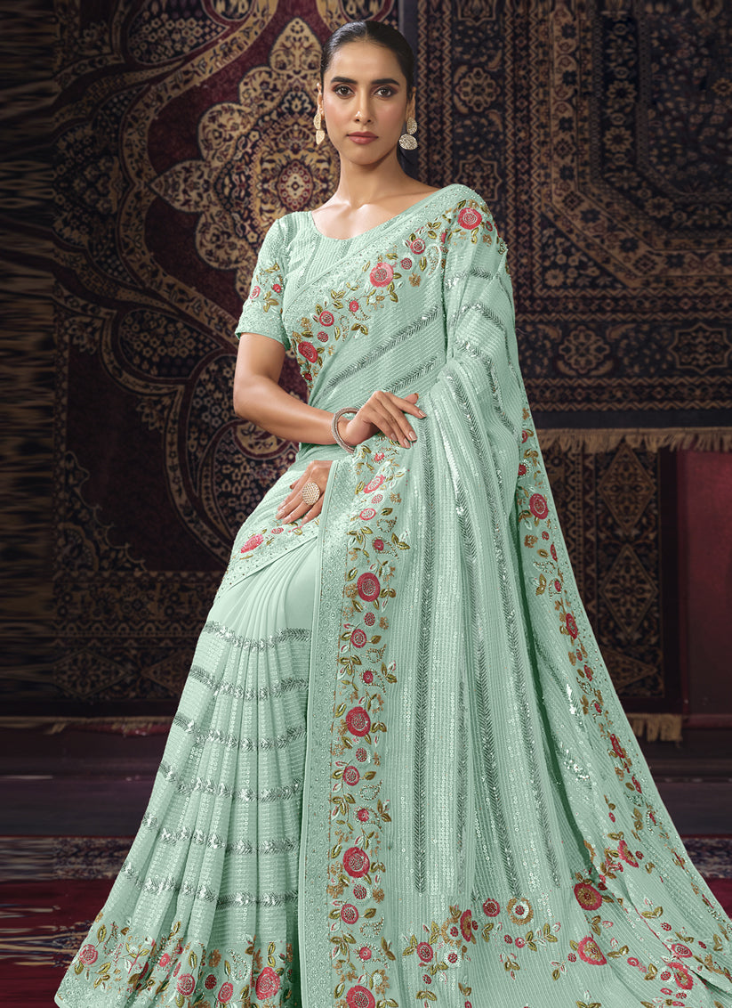 Sea Green Georgette Sequins Work Wedding Saree