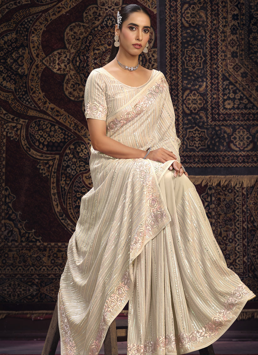 Cream Georgette Sequins Work Wedding Saree
