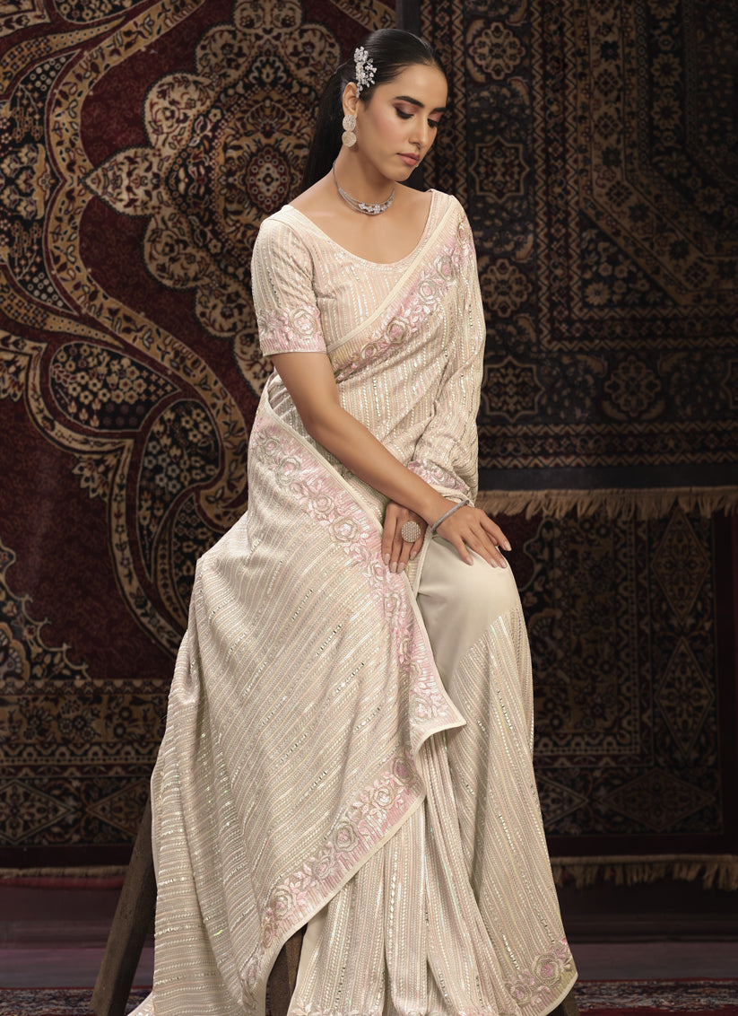 Cream Georgette Sequins Work Wedding Saree
