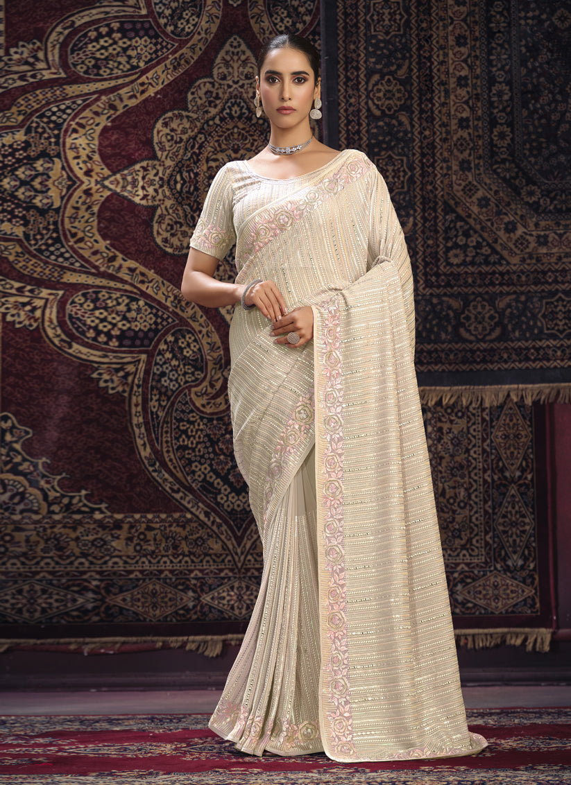 Cream Georgette Sequins Work Wedding Saree