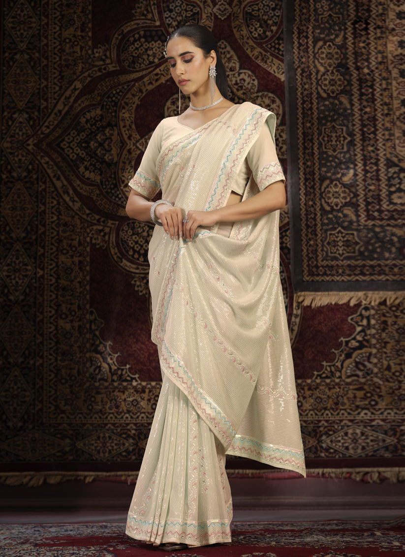 Cream Georgette Sequins Work Wedding Saree