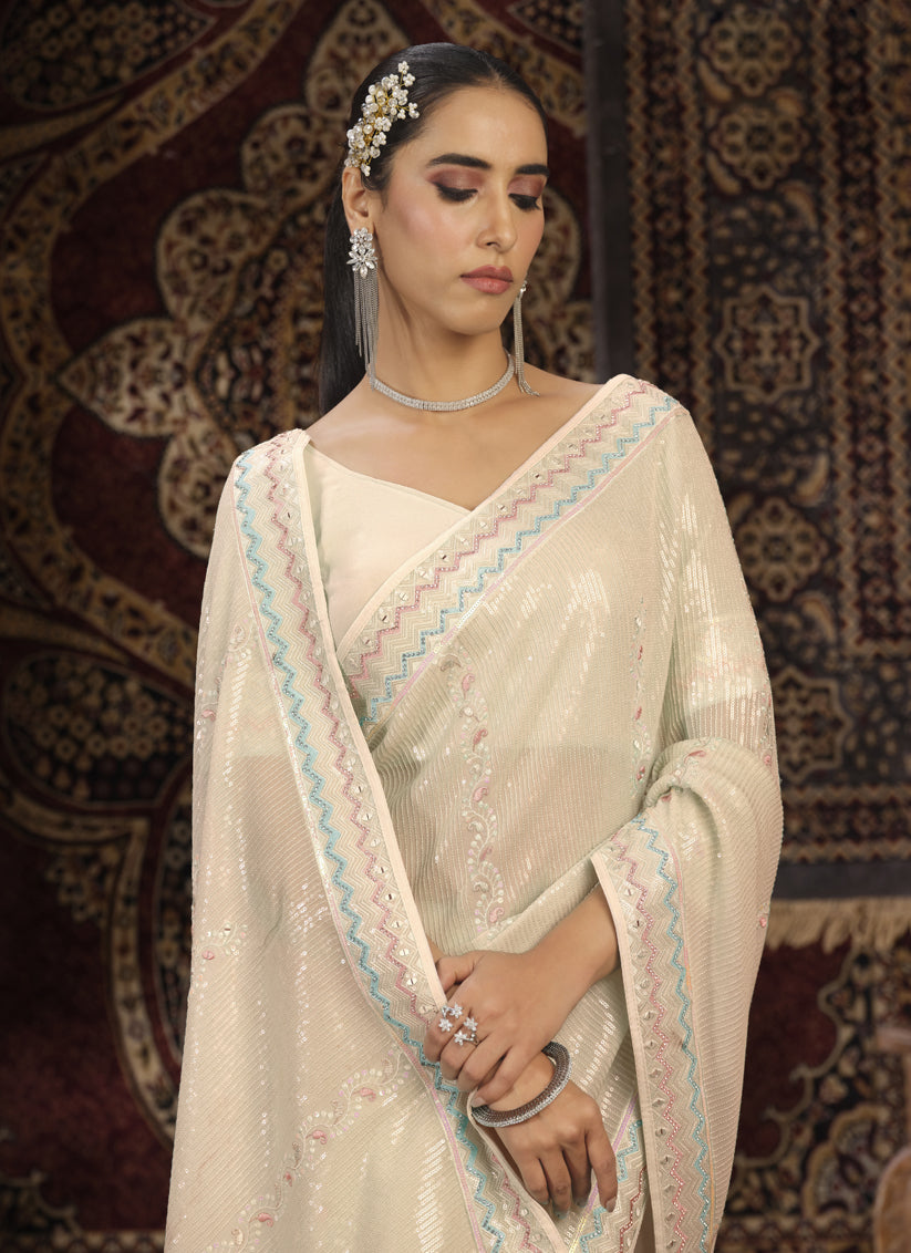 Cream Georgette Sequins Work Wedding Saree