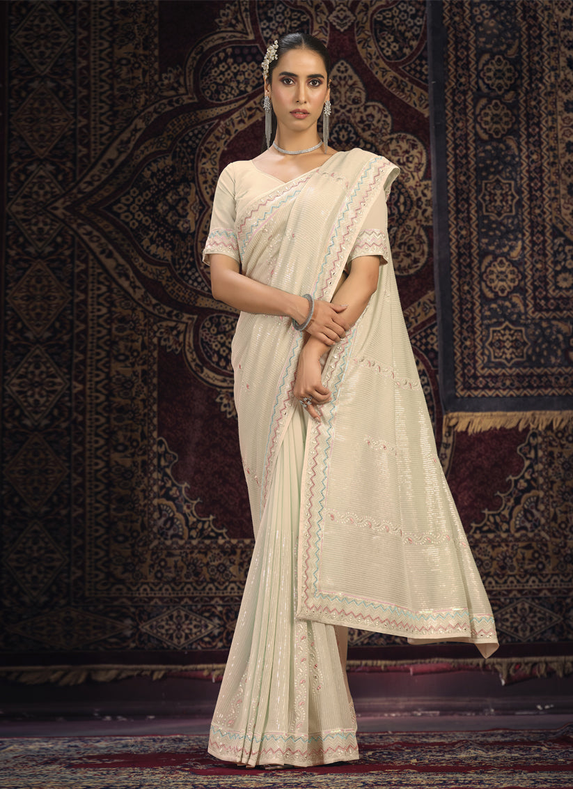 Cream Georgette Sequins Work Wedding Saree