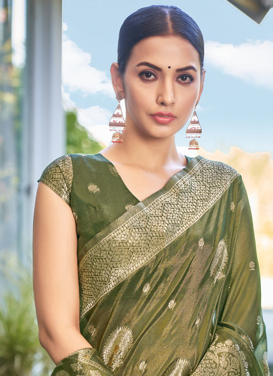 Moss Green Shimmer Silk Woven Saree