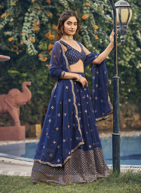 Navy Blue Georgette Embroidered Lehenga Choli