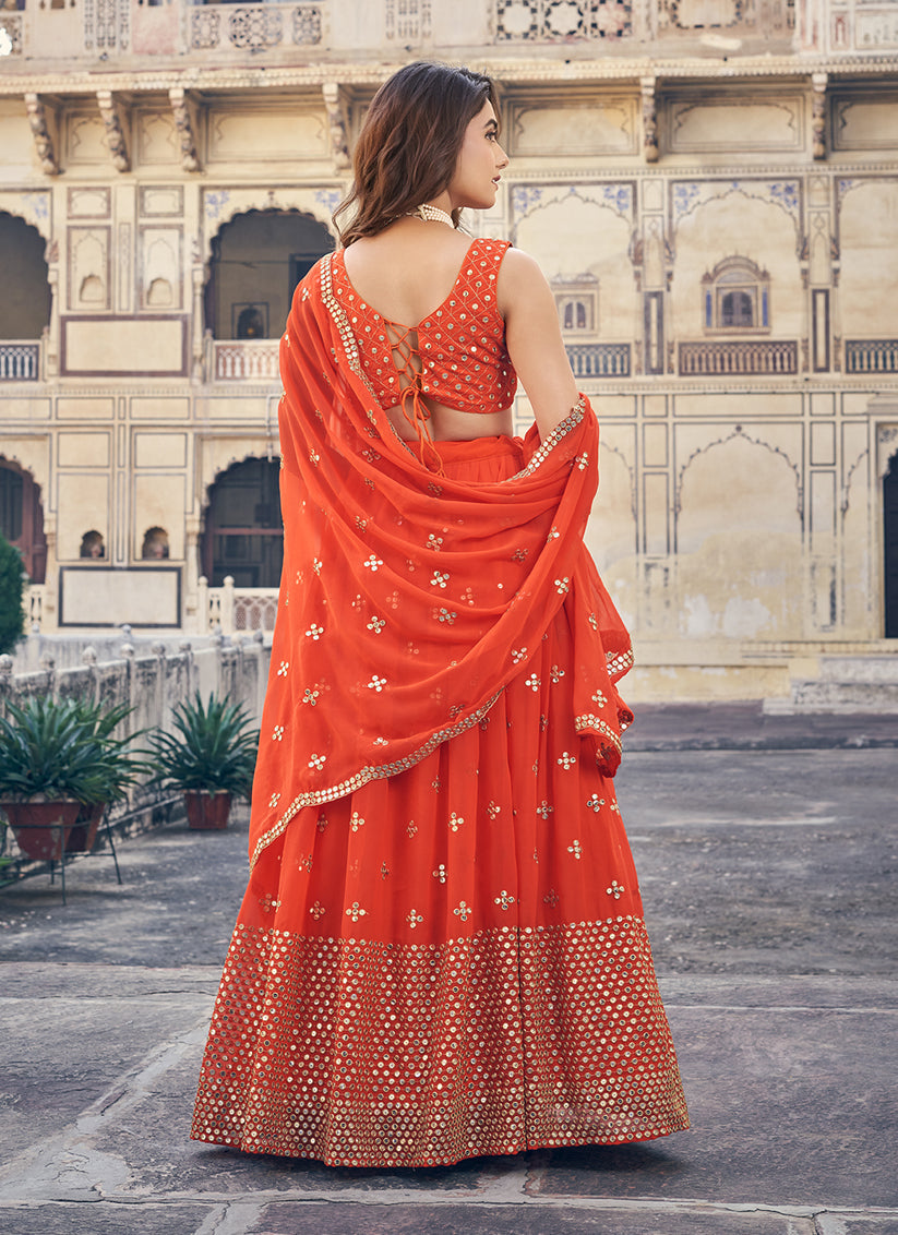 Hot Red Georgette Embroidered Lehenga Choli