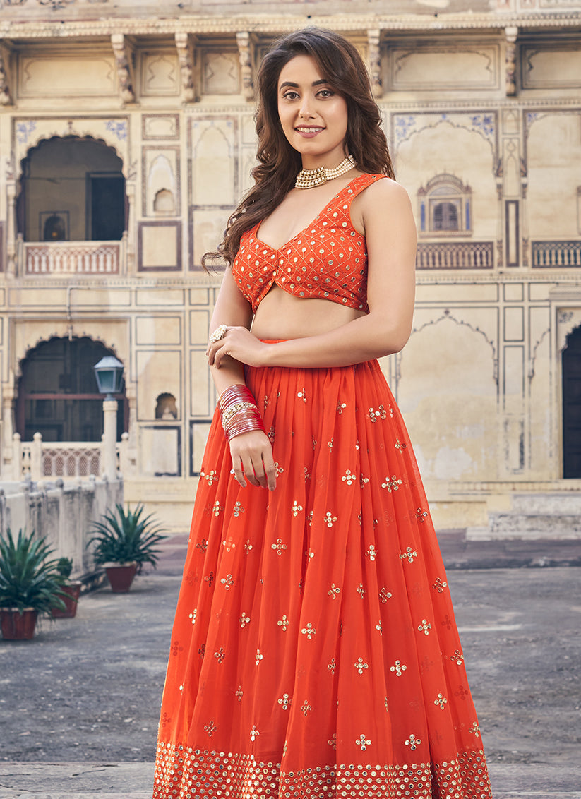 Hot Red Georgette Embroidered Lehenga Choli