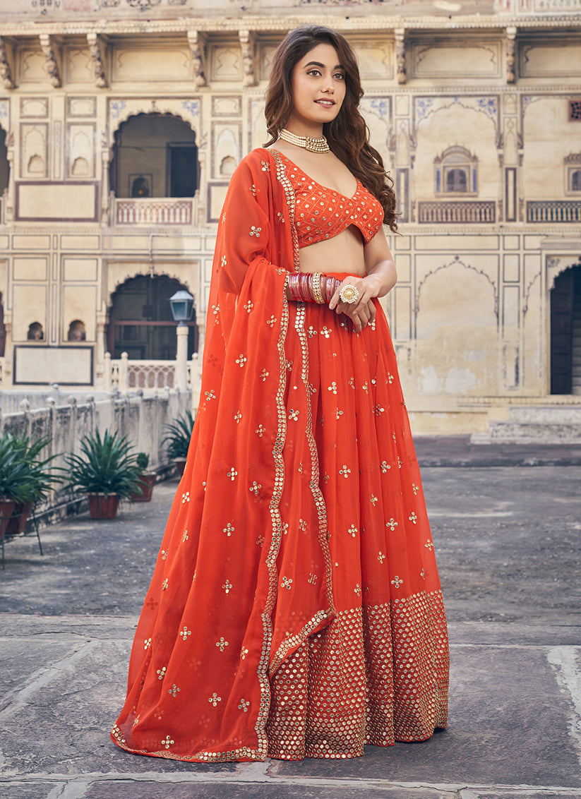 Hot Red Georgette Embroidered Lehenga Choli