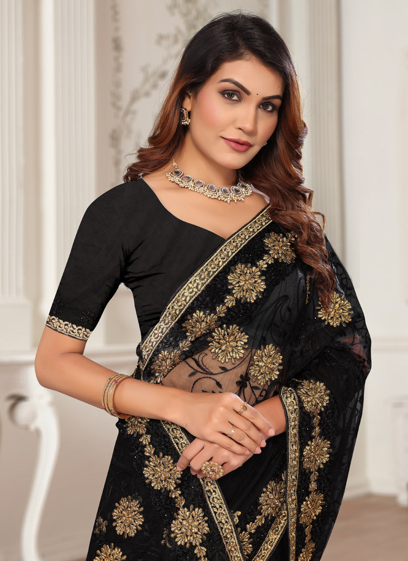 Black Net Embroidered Designer Saree