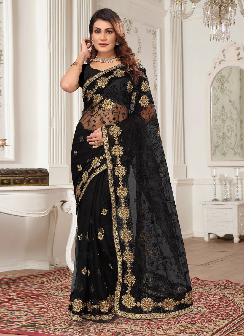 Black Net Embroidered Designer Saree