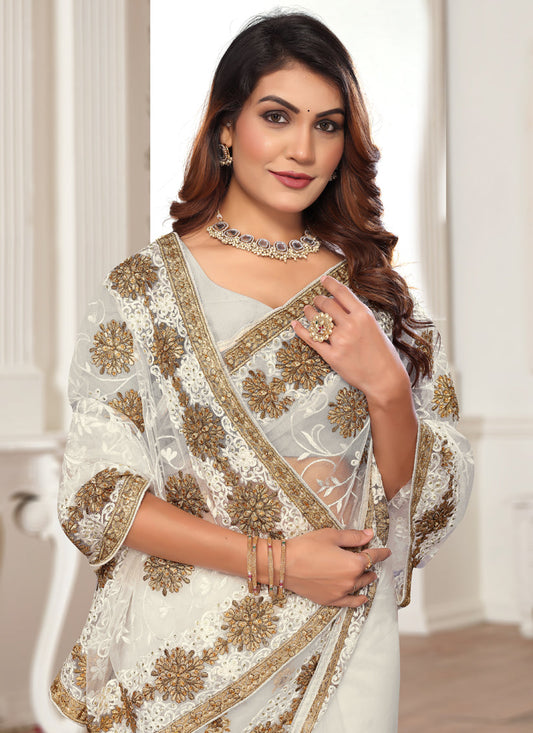 Off White Net Embroidered Designer Saree