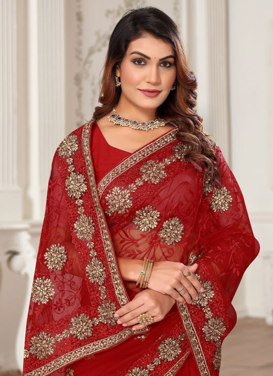 Maroon Net Embroidered Designer Saree