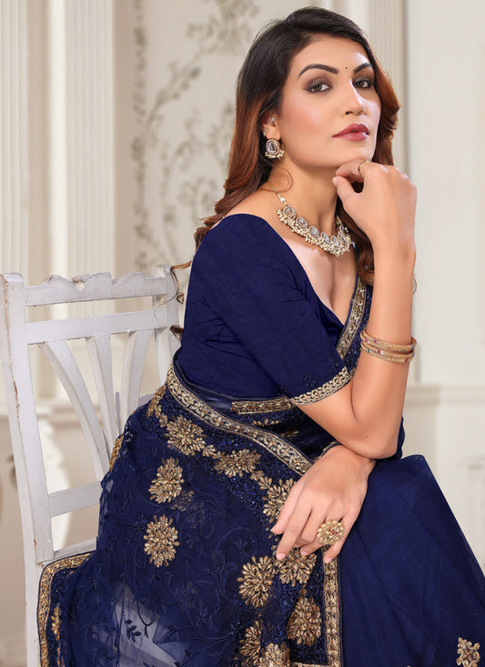 Navy Blue Net Embroidered Designer Saree