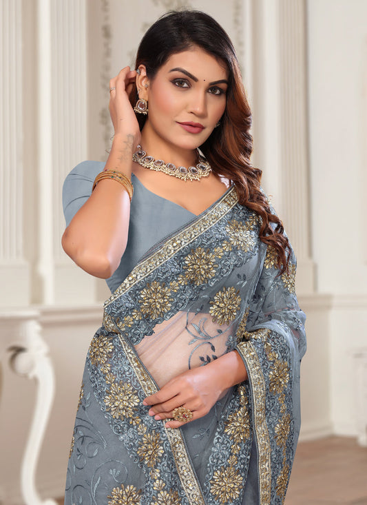 Grey Net Embroidered Designer Saree
