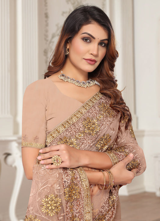 Peach Net Embroidered Designer Saree