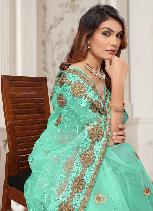 Sea Green Net Embroidered Designer Saree
