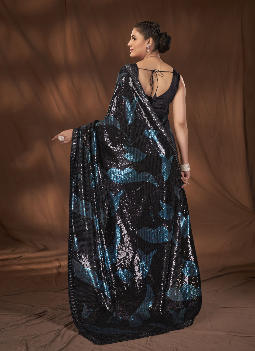 Black Georgette Sequins Work Saree