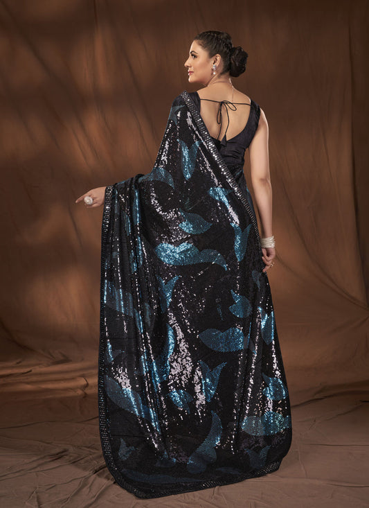 Black Georgette Sequins Work Saree