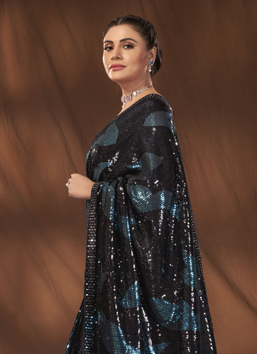 Black Georgette Sequins Work Saree
