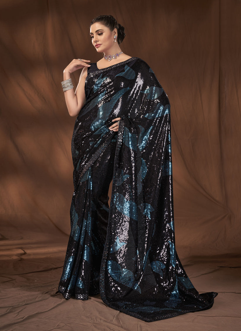 Black Georgette Sequins Work Saree