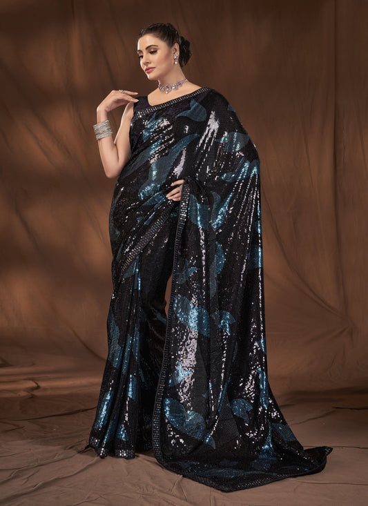 Black Georgette Sequins Work Saree