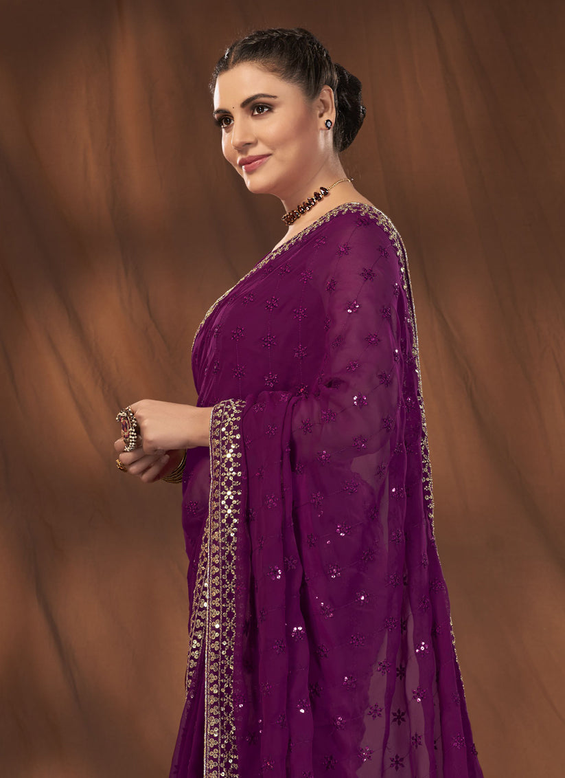 Purple Georgette Sequins Work Saree