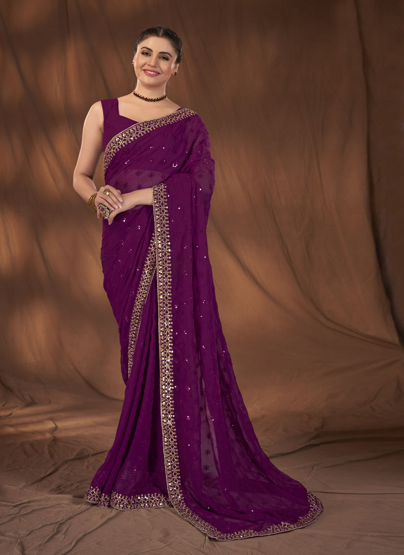 Purple Georgette Sequins Work Saree