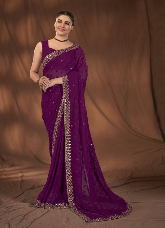 Purple Georgette Sequins Work Saree