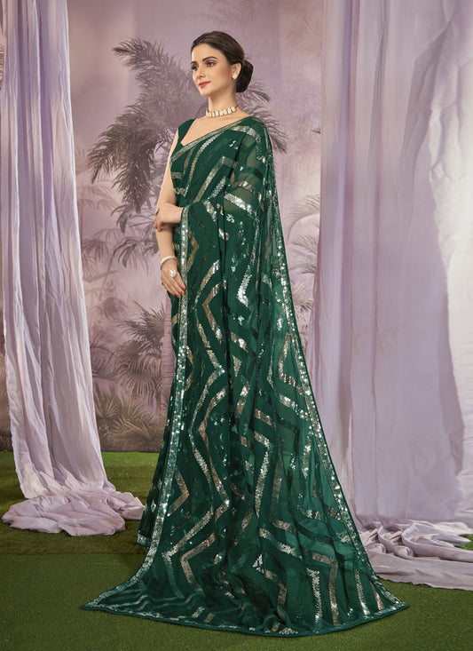 Green Georgette Sequins Work Saree