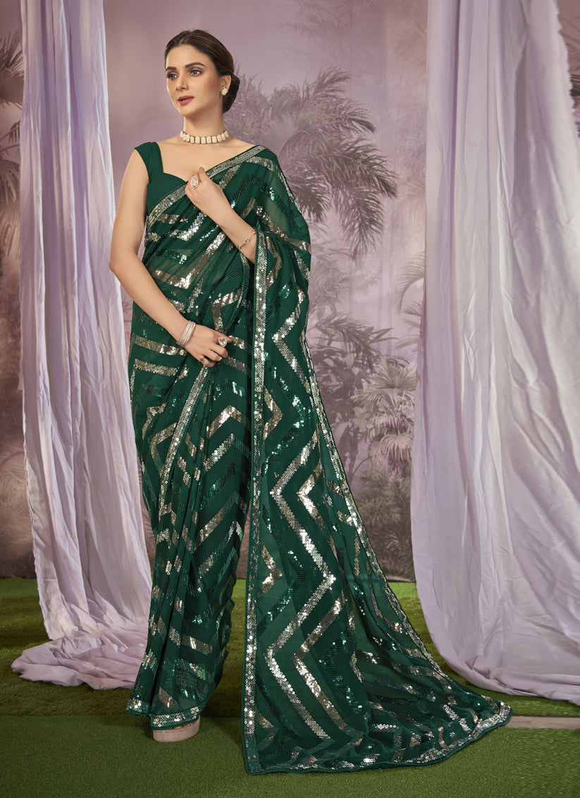 Green Georgette Sequins Work Saree