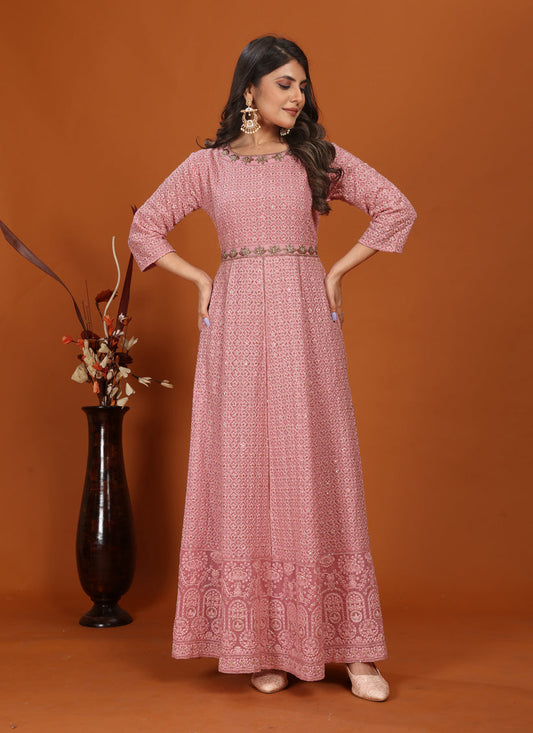 Carnation Pink Faux Georgette Embroidered Gown with Dupatta