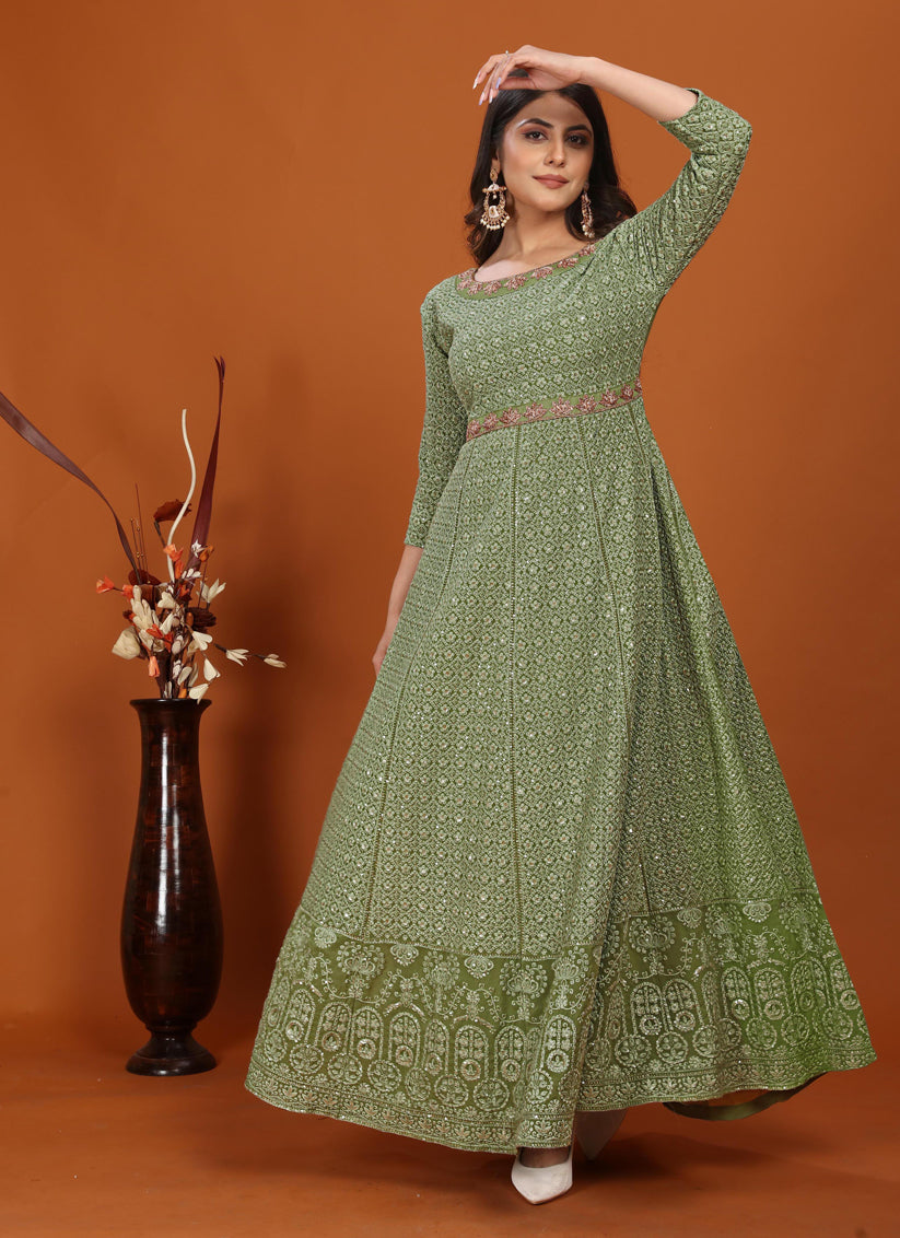 Sage Green Faux Georgette Embroidered Gown with Dupatta