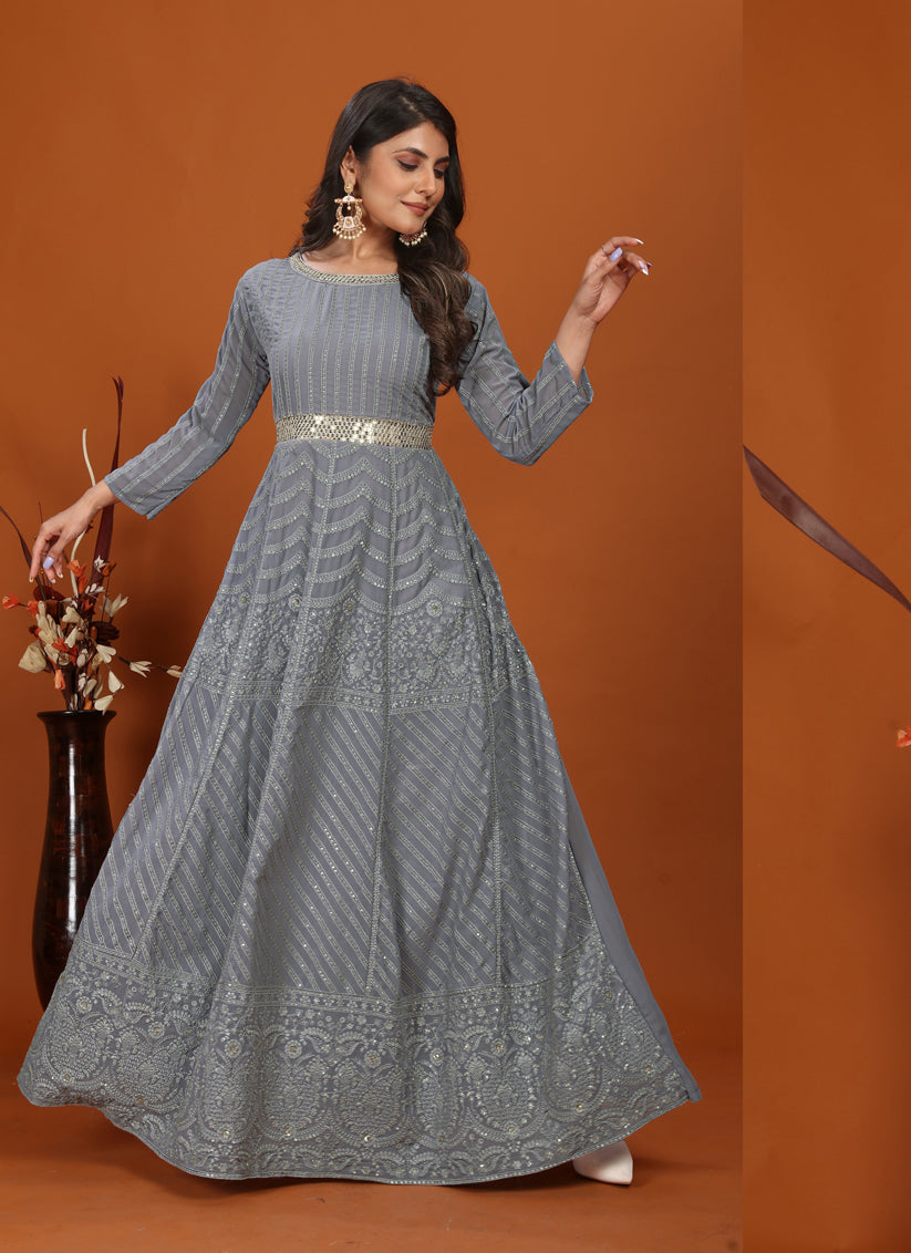 Graphite Grey Faux Georgette Embroidered Gown with Dupatta