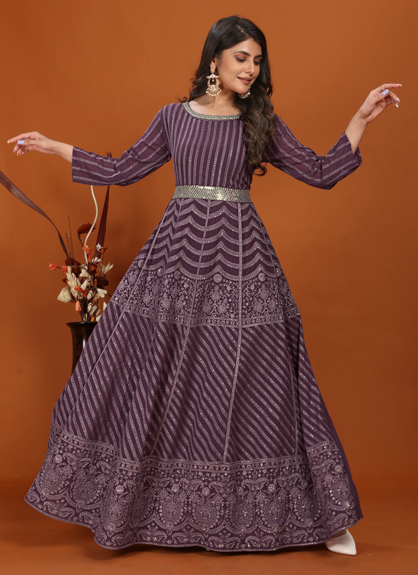 Burgundy Faux Georgette Embroidered Gown with Dupatta