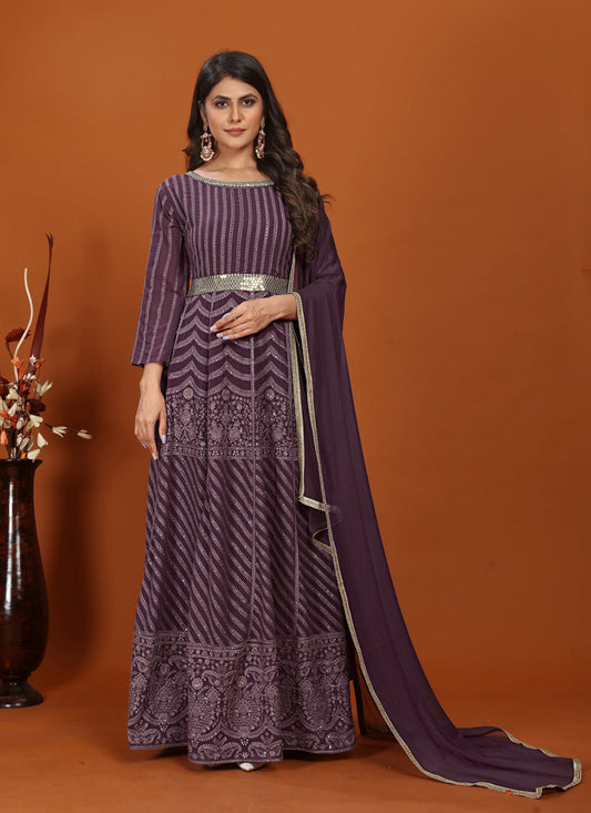 Burgundy Faux Georgette Embroidered Gown with Dupatta