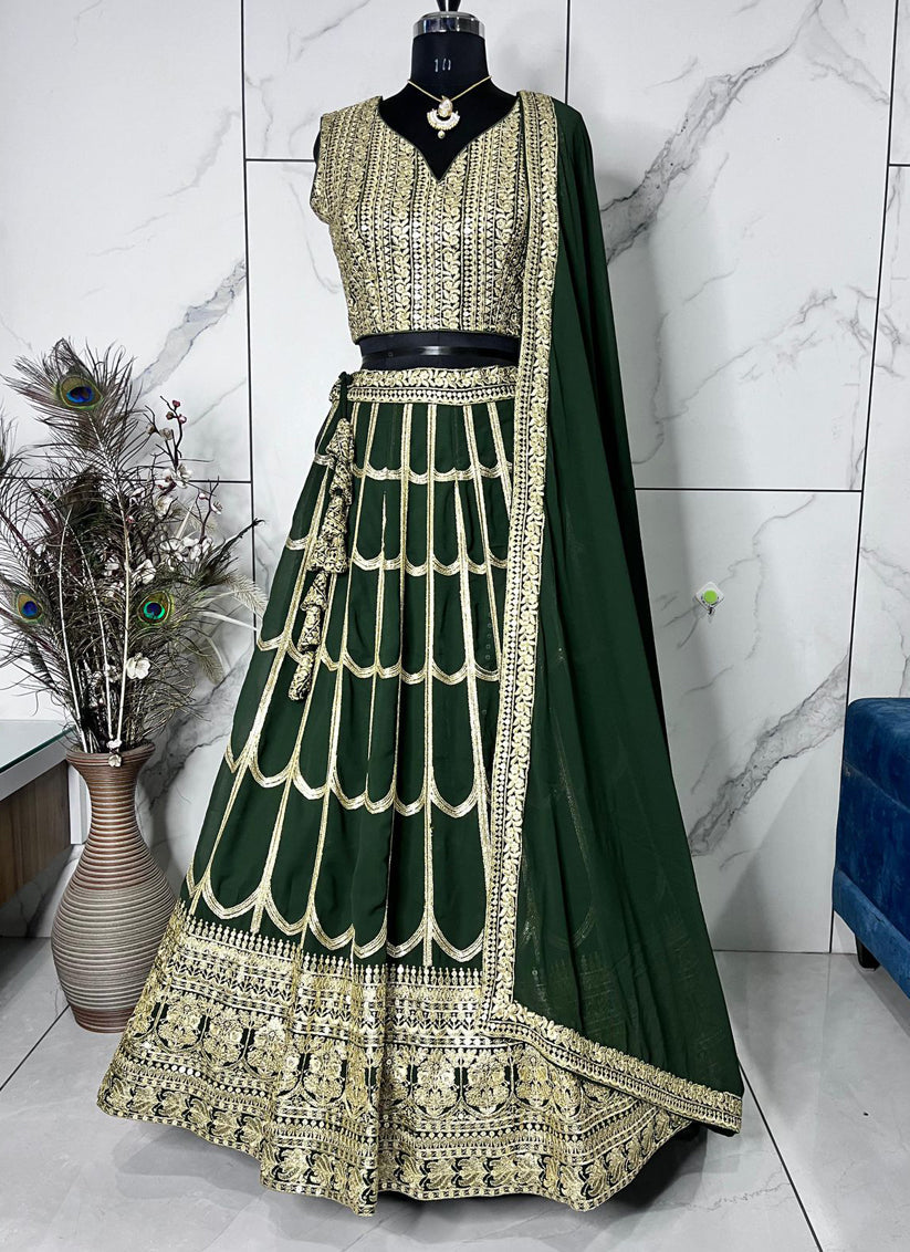 Green Faux Georgette Embroidered Lehenga Choli