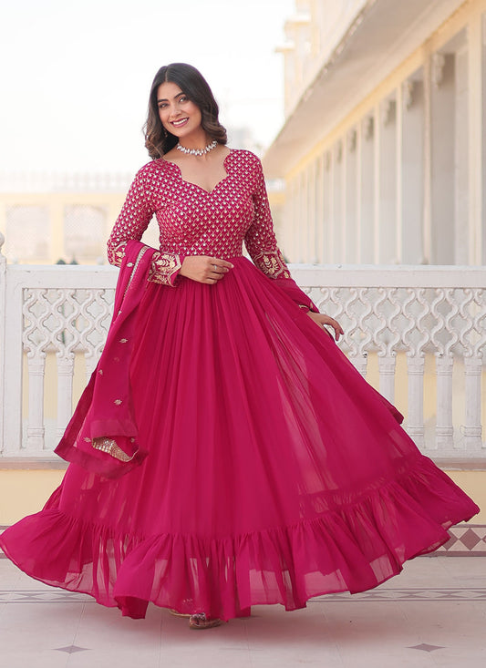 Rani Pink Faux Georgette Embroidered Gown with Dupatta