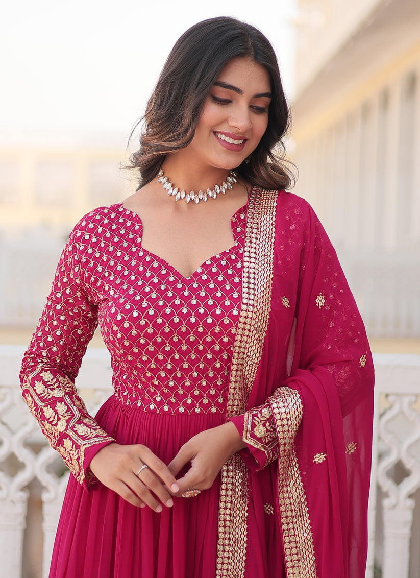 Rani Pink Faux Georgette Embroidered Gown with Dupatta