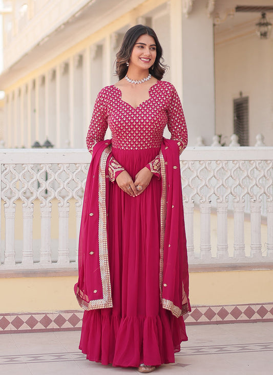 Rani Pink Faux Georgette Embroidered Gown with Dupatta
