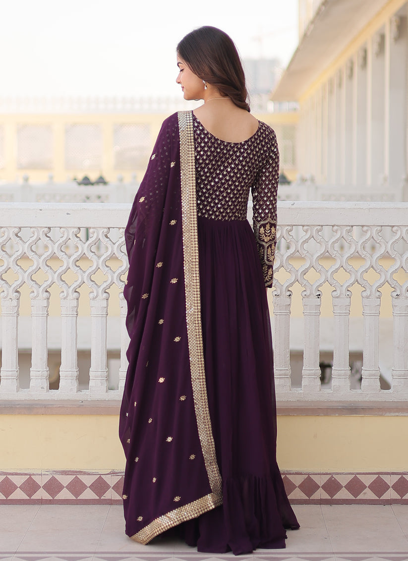Burgundy Faux Georgette Embroidered Gown with Dupatta