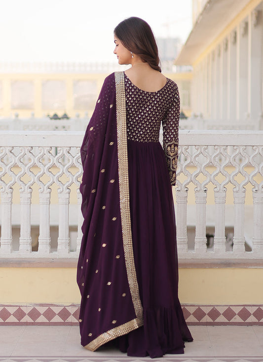 Burgundy Faux Georgette Embroidered Gown with Dupatta