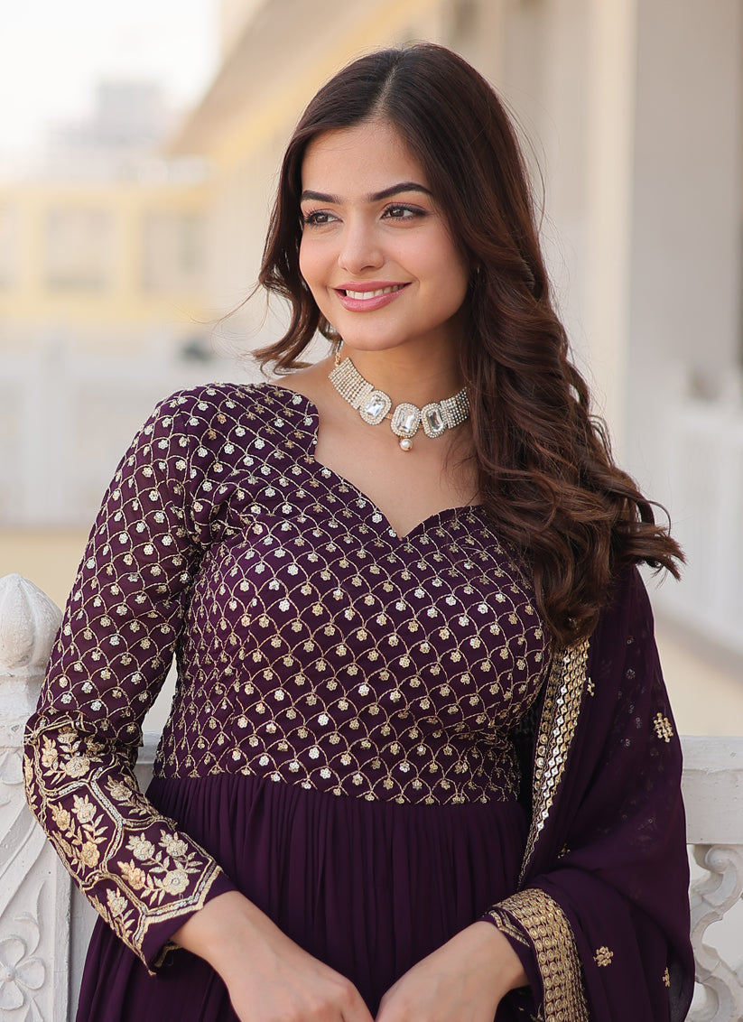 Burgundy Faux Georgette Embroidered Gown with Dupatta