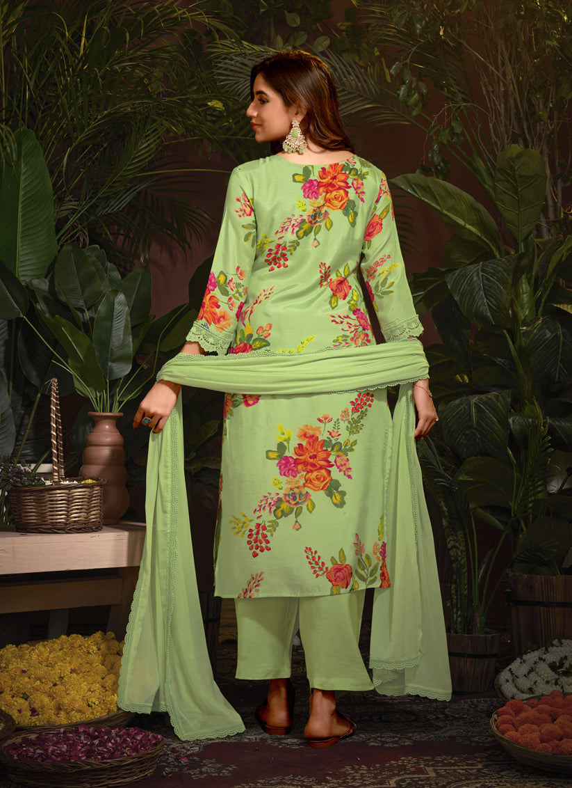 Pistachio Green Muslin Printed Readymade Pant Kameez