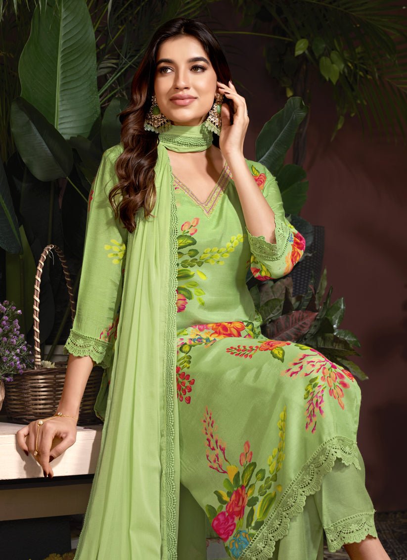 Pistachio Green Muslin Printed Readymade Pant Kameez