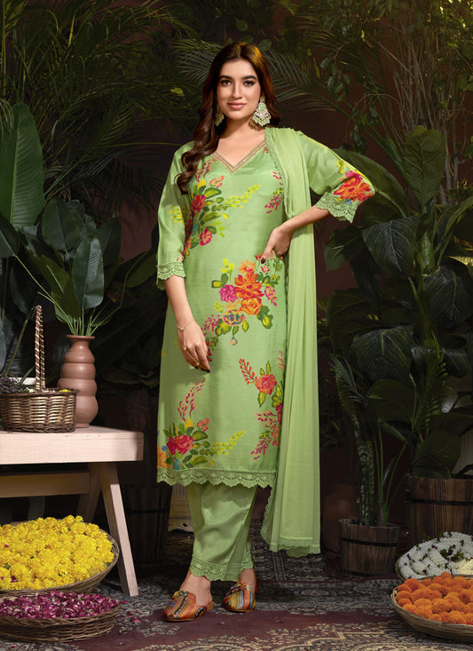 Pistachio Green Muslin Printed Readymade Pant Kameez