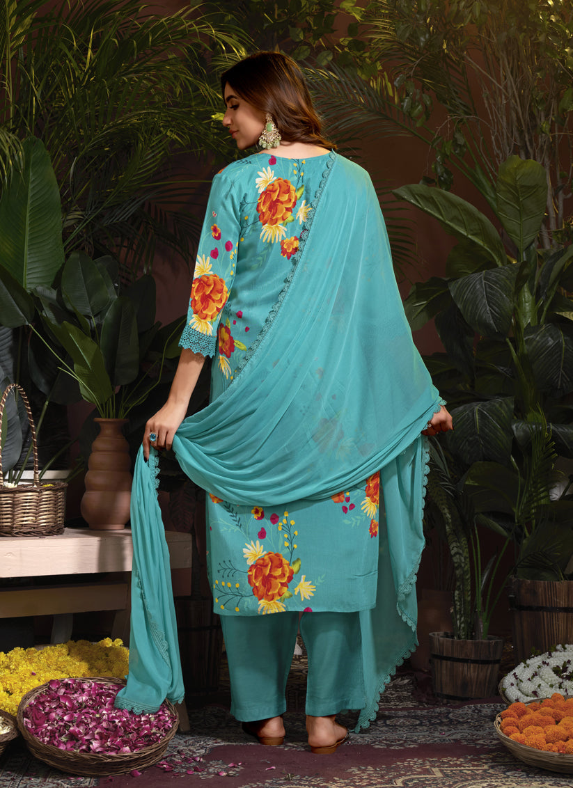 Sea Blue Muslin Printed Readymade Pant Kameez