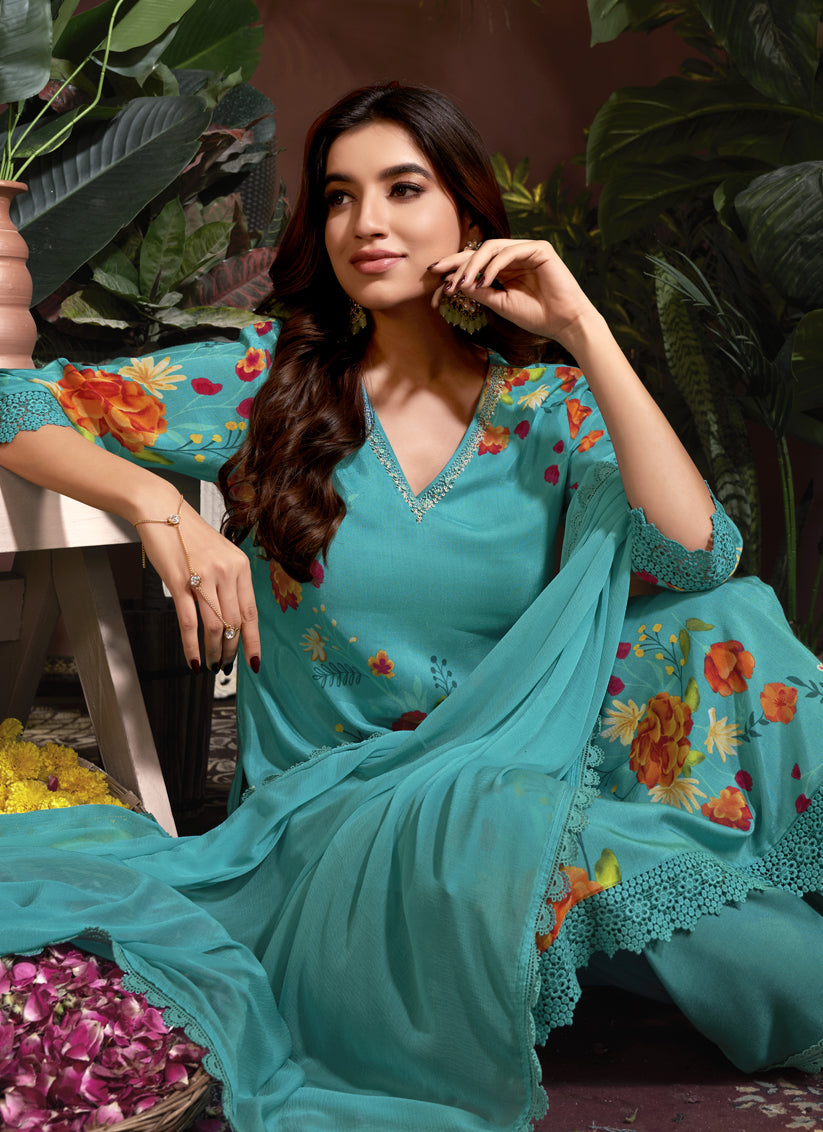 Sea Blue Muslin Printed Readymade Pant Kameez