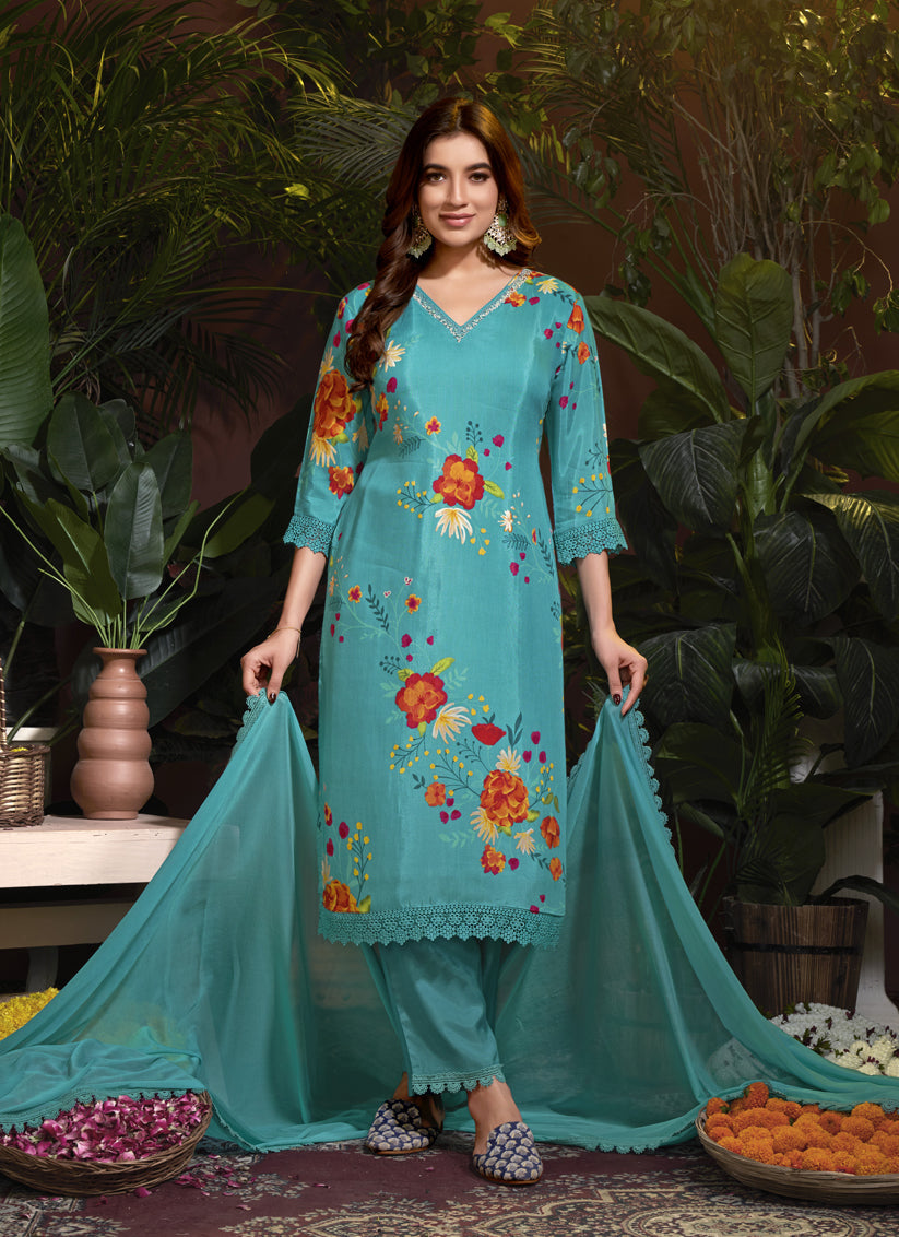 Sea Blue Muslin Printed Readymade Pant Kameez